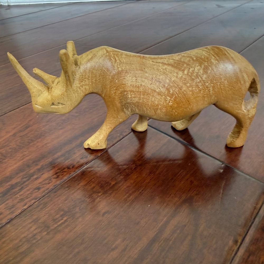Vintage Hand Carved Wood Rhinoceros Figurine Safari Tribal Decor 10" Retro‎ MCM